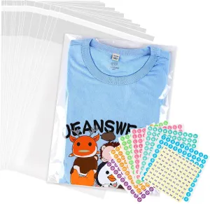 100pcs 10"x13" Large Clear Cellophane Bags Self Sealing,Thick Plastic Cellophane T-shirt Packaging Bags with 700Pcs Clothing Size Stickers for Packaging Clothes, T-Shirts, Pants