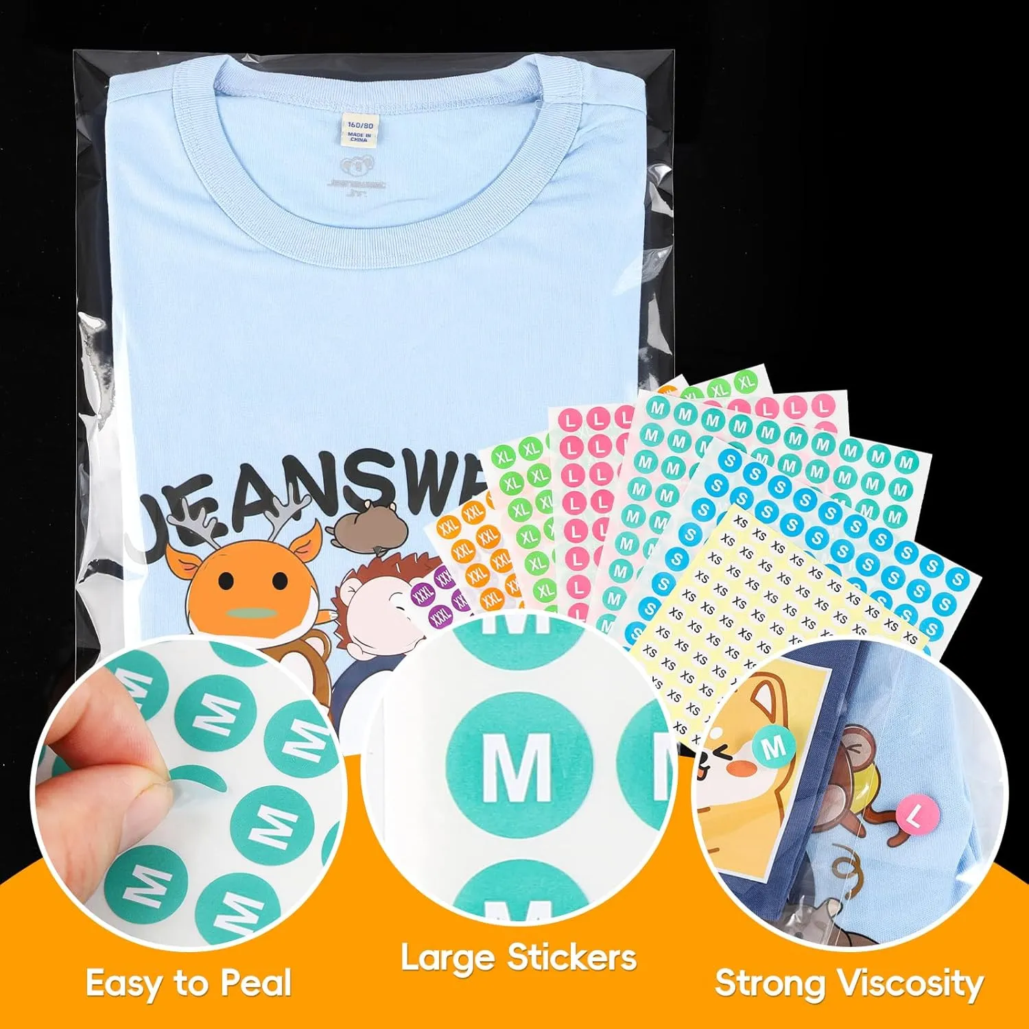 100pcs 10"x13" Large Clear Cellophane Bags Self Sealing,Thick Plastic Cellophane T-shirt Packaging Bags with 700Pcs Clothing Size Stickers for Packaging Clothes, T-Shirts, Pants