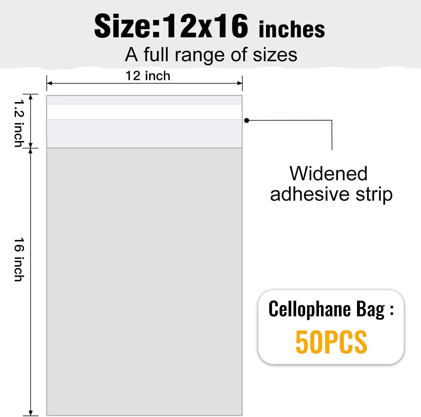 12x16 inch 50Pcs Clear Cellophane Bags Clothing Bag Self Adhesive Resealable Sealing Plastic Cello for T-Shirts, Clothes, Gifts, Crafts Small Business Packaging