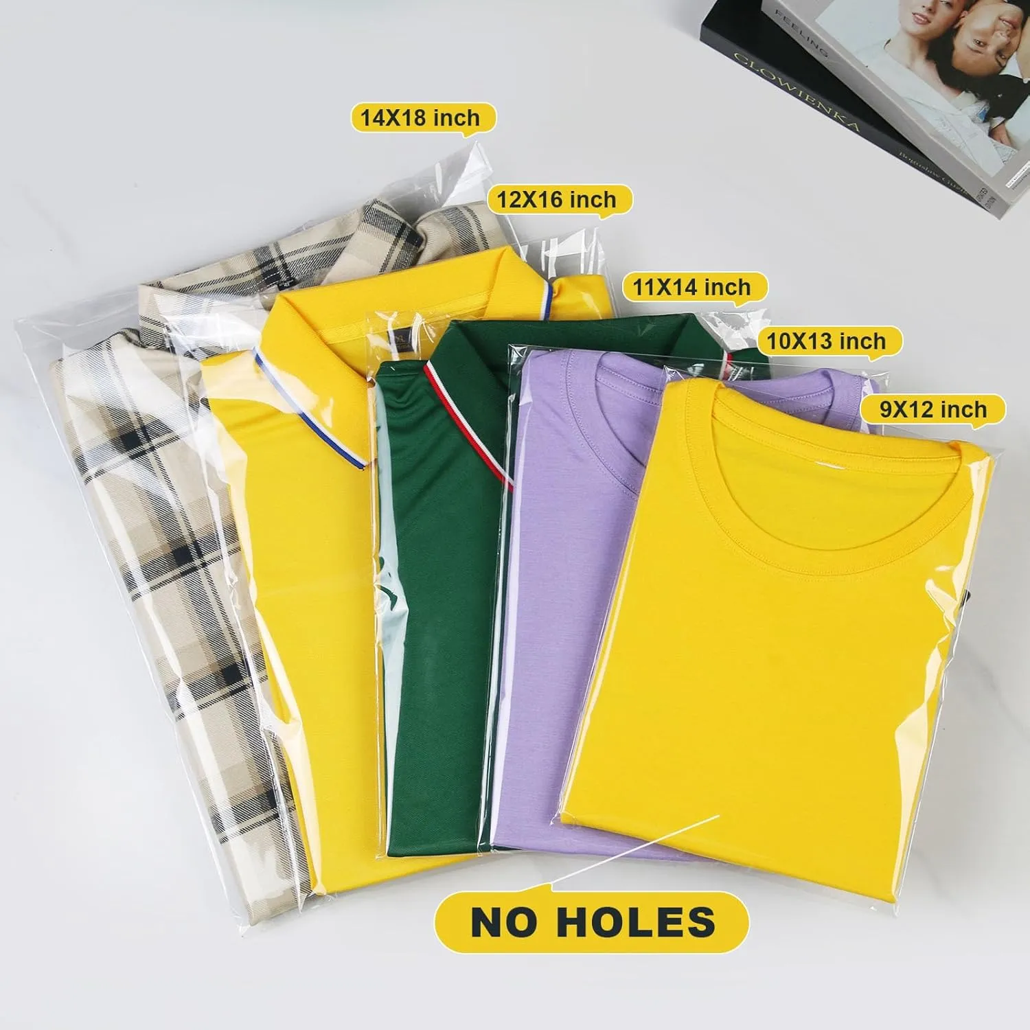 12x16 inch 50Pcs Clear Cellophane Bags Clothing Bag Self Adhesive Resealable Sealing Plastic Cello for T-Shirts, Clothes, Gifts, Crafts Small Business Packaging