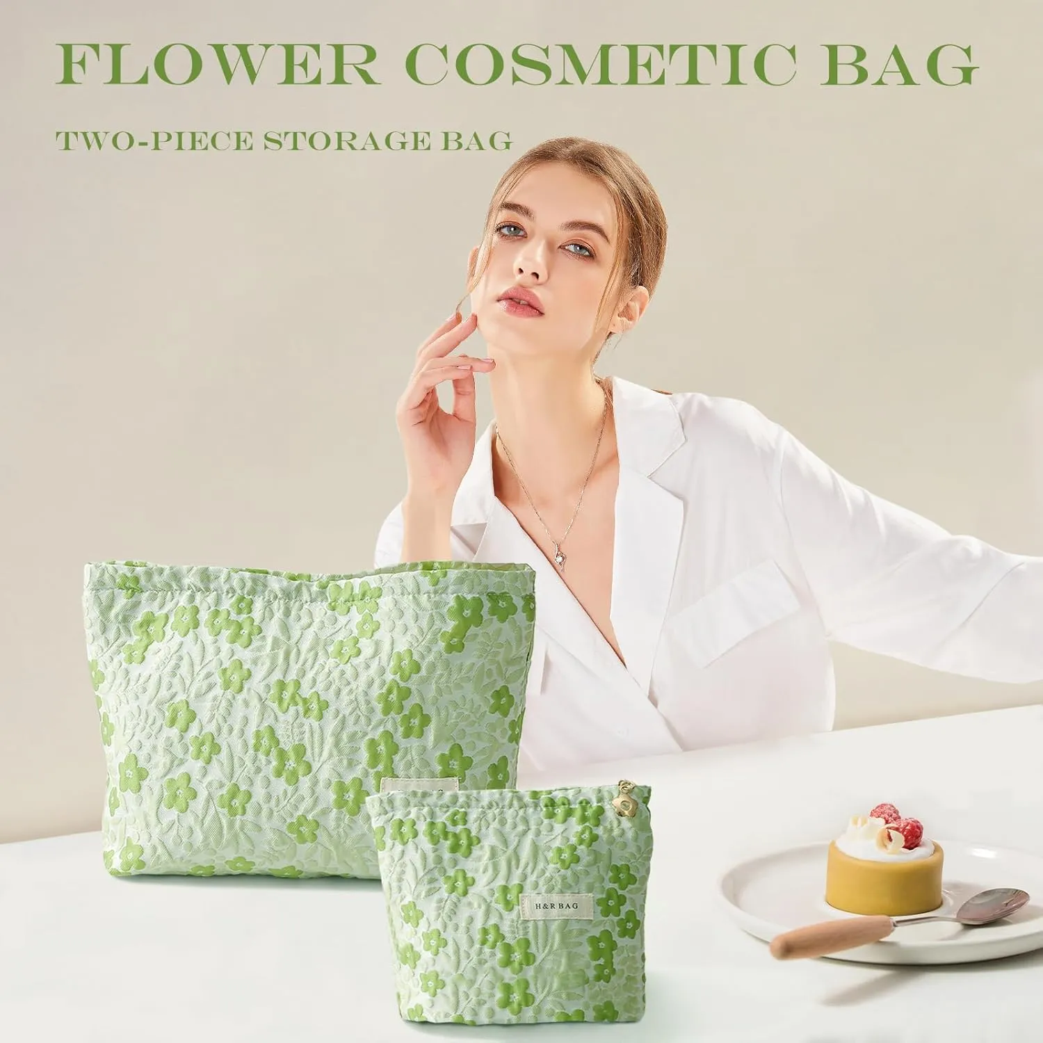 2 Pieces Travel Makeup Pouch,Large Capacity Cosmetic Bag for Women,Green Floral Cosmetic Organizer,Portable Toiletry Pouch,Seal with Zipper