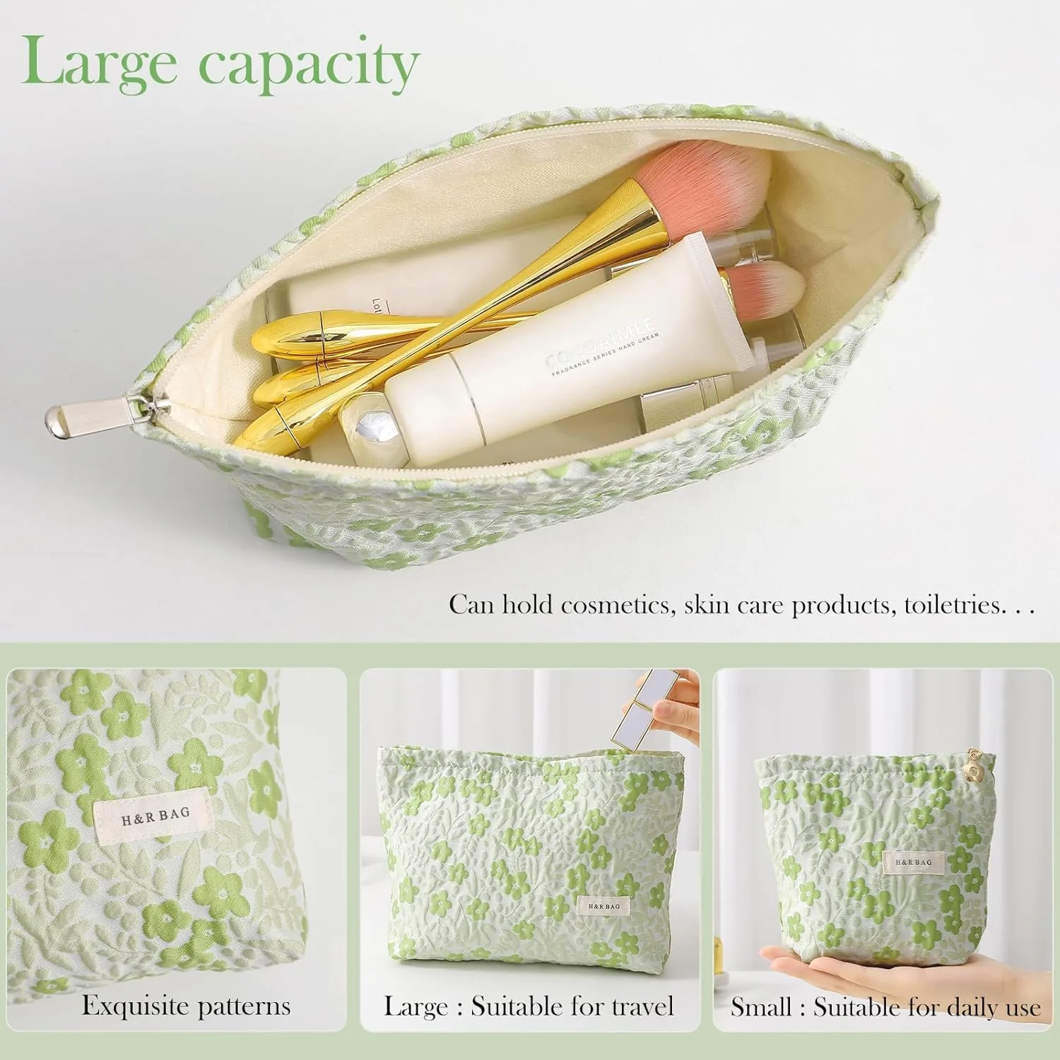 2 Pieces Travel Makeup Pouch,Large Capacity Cosmetic Bag for Women,Green Floral Cosmetic Organizer,Portable Toiletry Pouch,Seal with Zipper