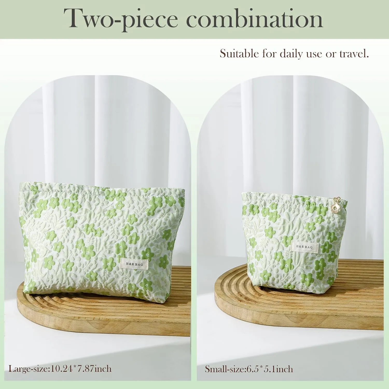 2 Pieces Travel Makeup Pouch,Large Capacity Cosmetic Bag for Women,Green Floral Cosmetic Organizer,Portable Toiletry Pouch,Seal with Zipper