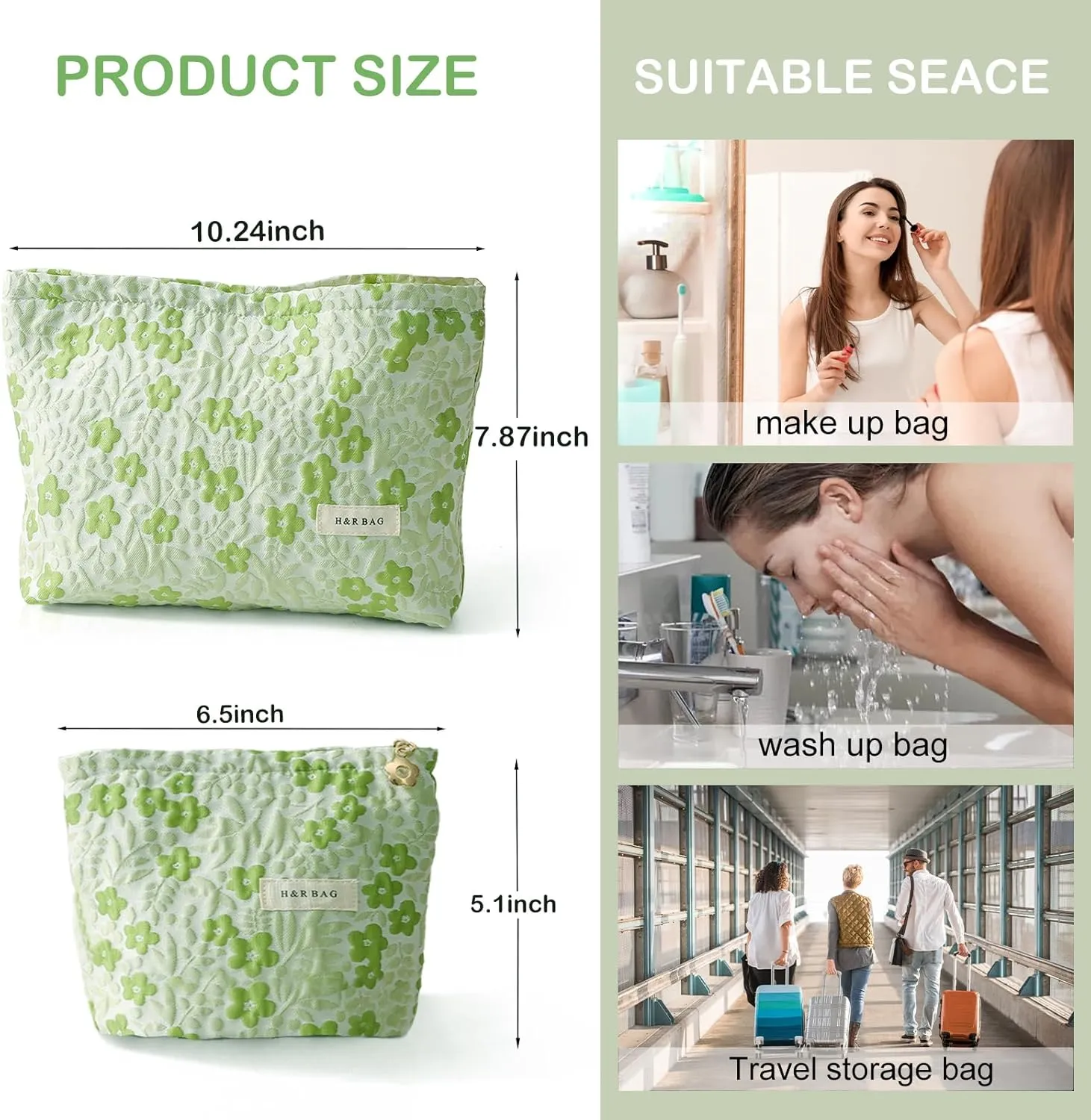 2 Pieces Travel Makeup Pouch,Large Capacity Cosmetic Bag for Women,Green Floral Cosmetic Organizer,Portable Toiletry Pouch,Seal with Zipper