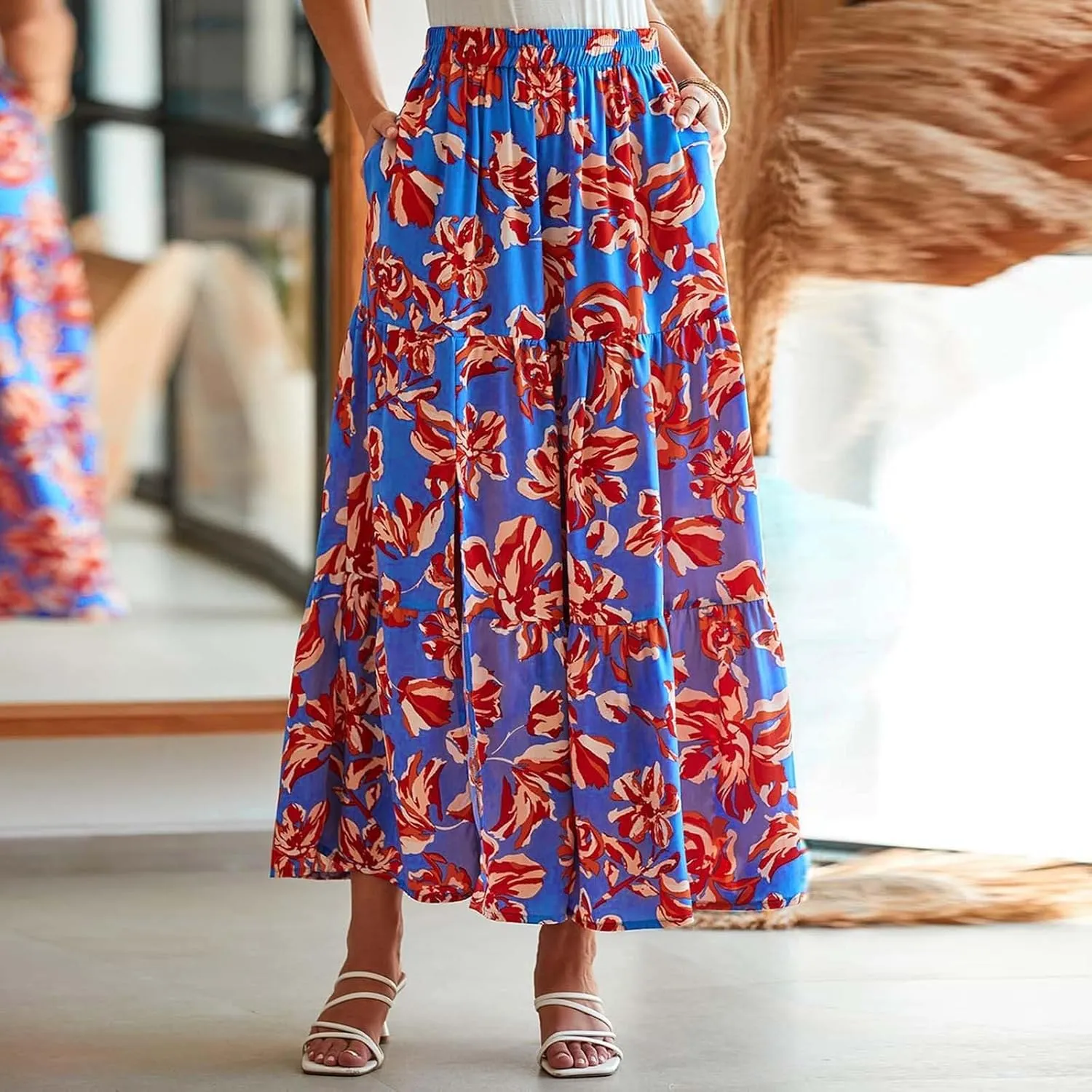 2025 Floral Skirts for Women Flowy Boho Summer Skirt Elastic Waist Bohemian Beach Maxi Skirt Resort Wear