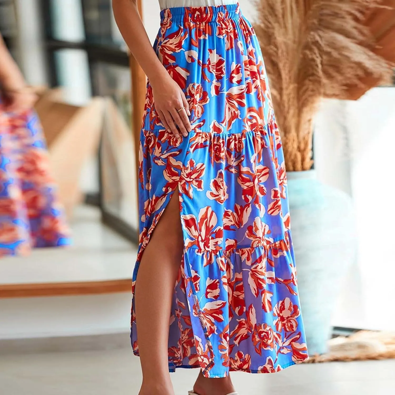2025 Floral Skirts for Women Flowy Boho Summer Skirt Elastic Waist Bohemian Beach Maxi Skirt Resort Wear