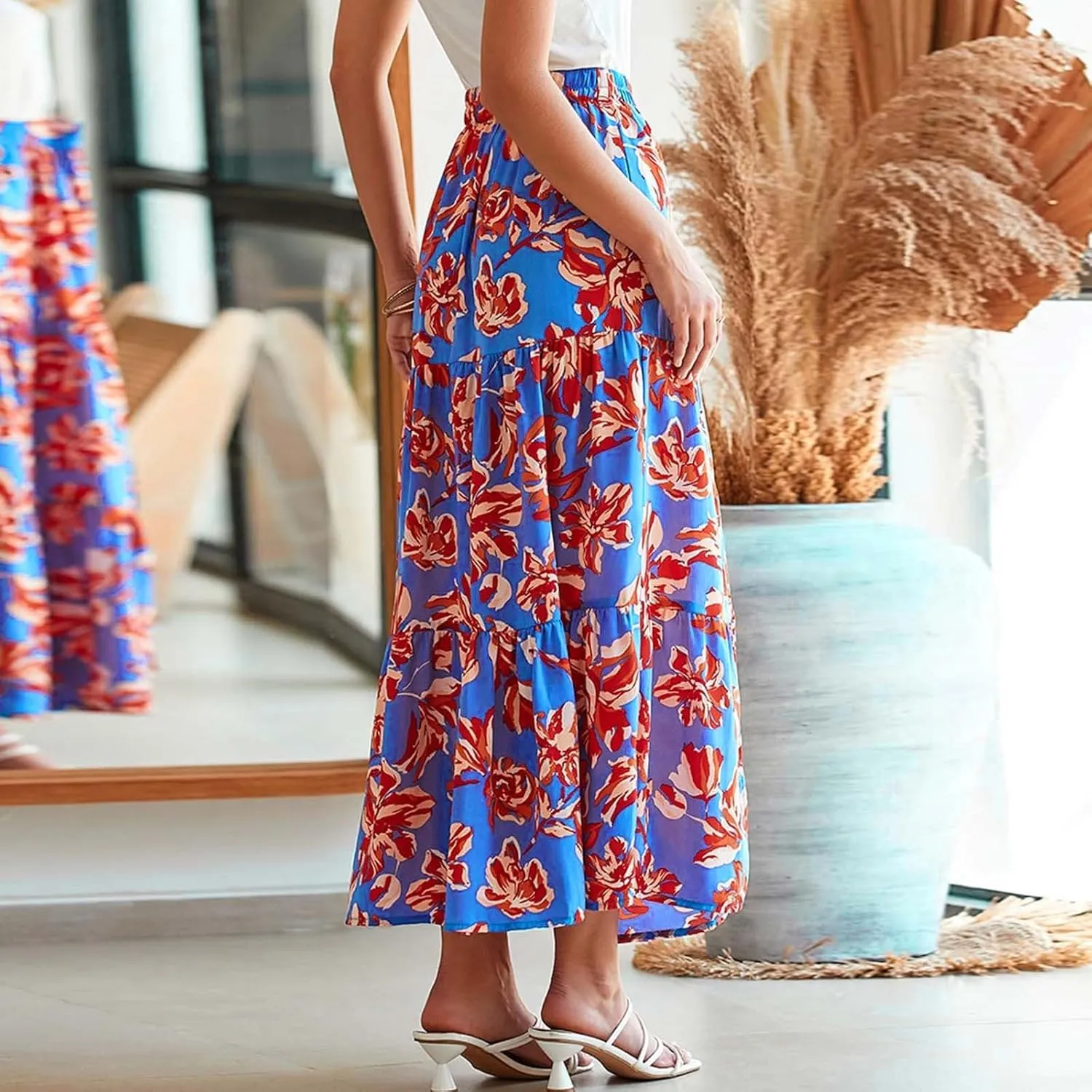 2025 Floral Skirts for Women Flowy Boho Summer Skirt Elastic Waist Bohemian Beach Maxi Skirt Resort Wear