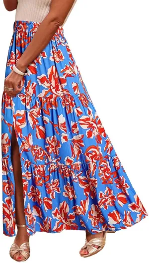 2025 Floral Skirts for Women Flowy Boho Summer Skirt Elastic Waist Bohemian Beach Maxi Skirt Resort Wear