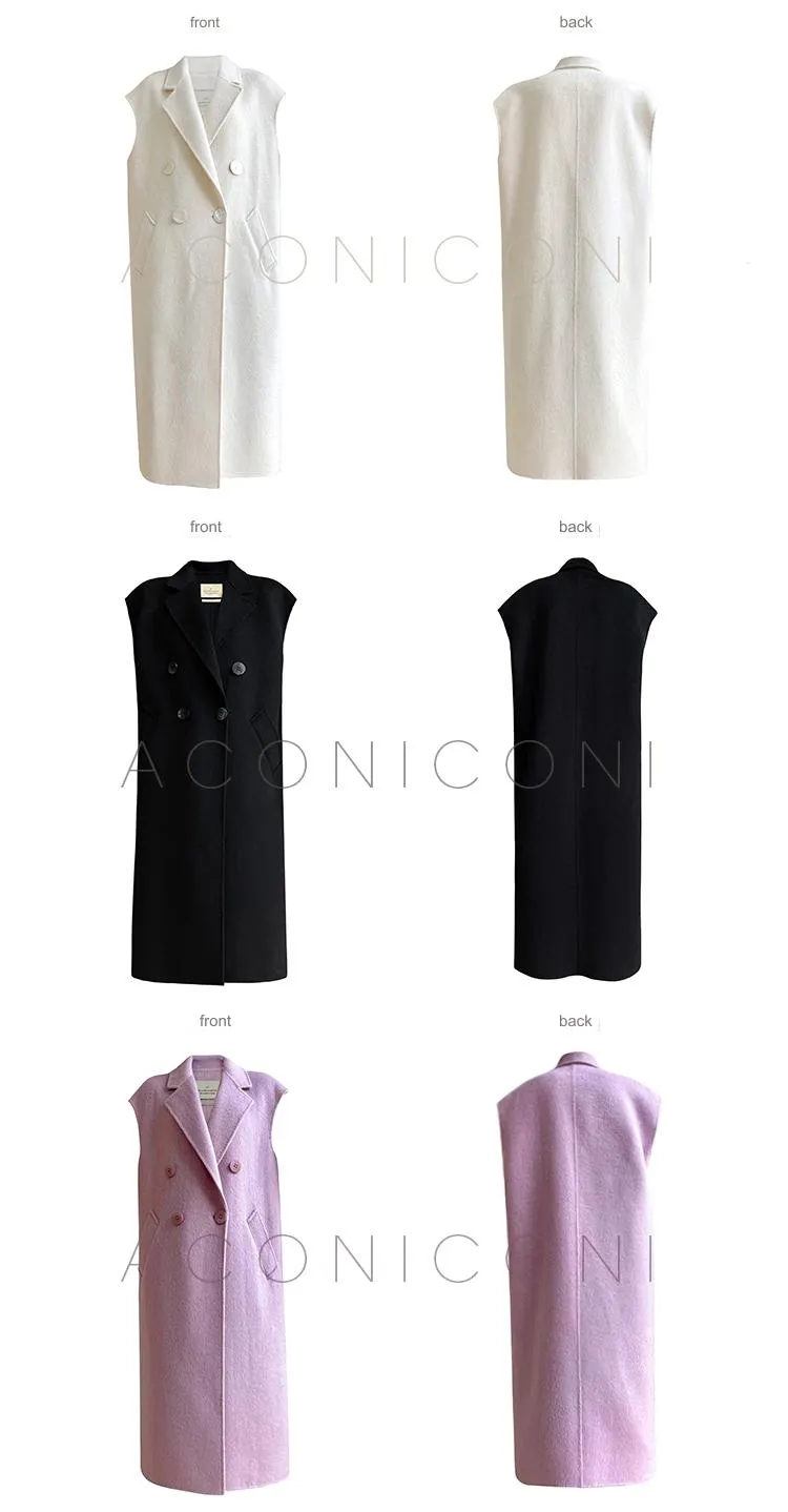 Aconiconi High End Double Breasted Sleeveless Long Straight Wool Coat- Winnie