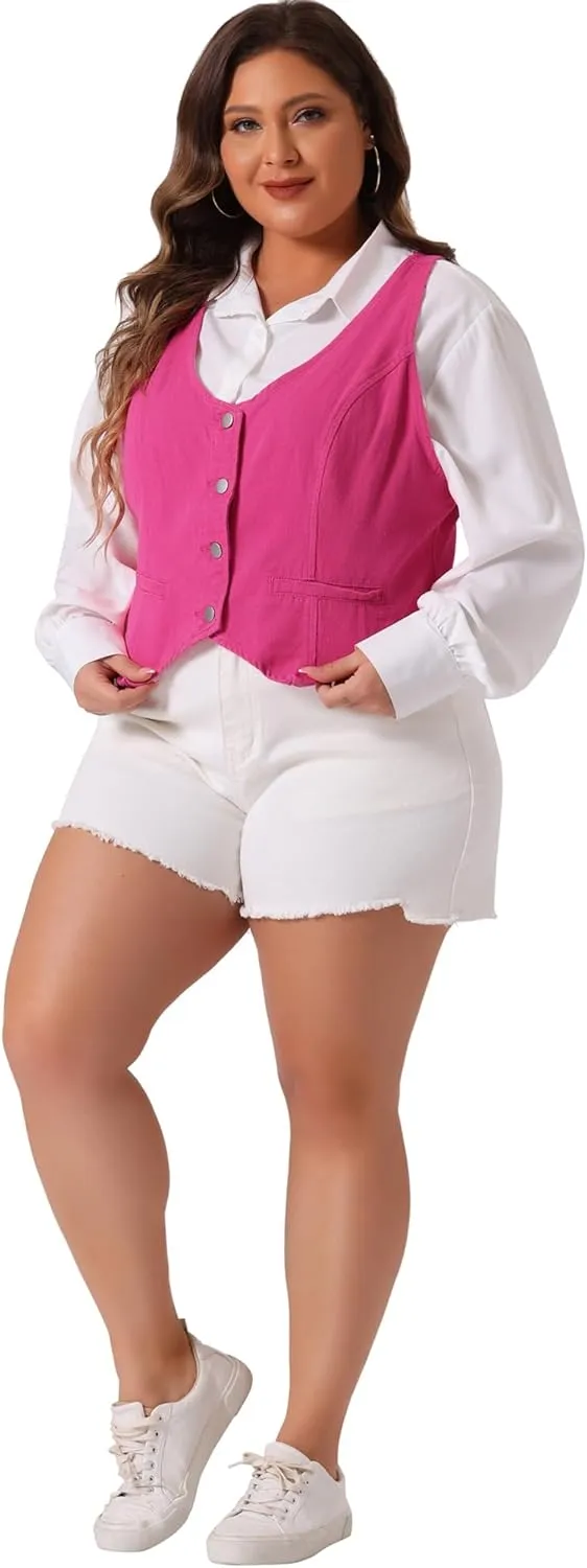 Agnes Orinda Plus Size Denim Vest Top for Women Button Down Waistcoat Casual Sleeveless Jean Jacket Vests