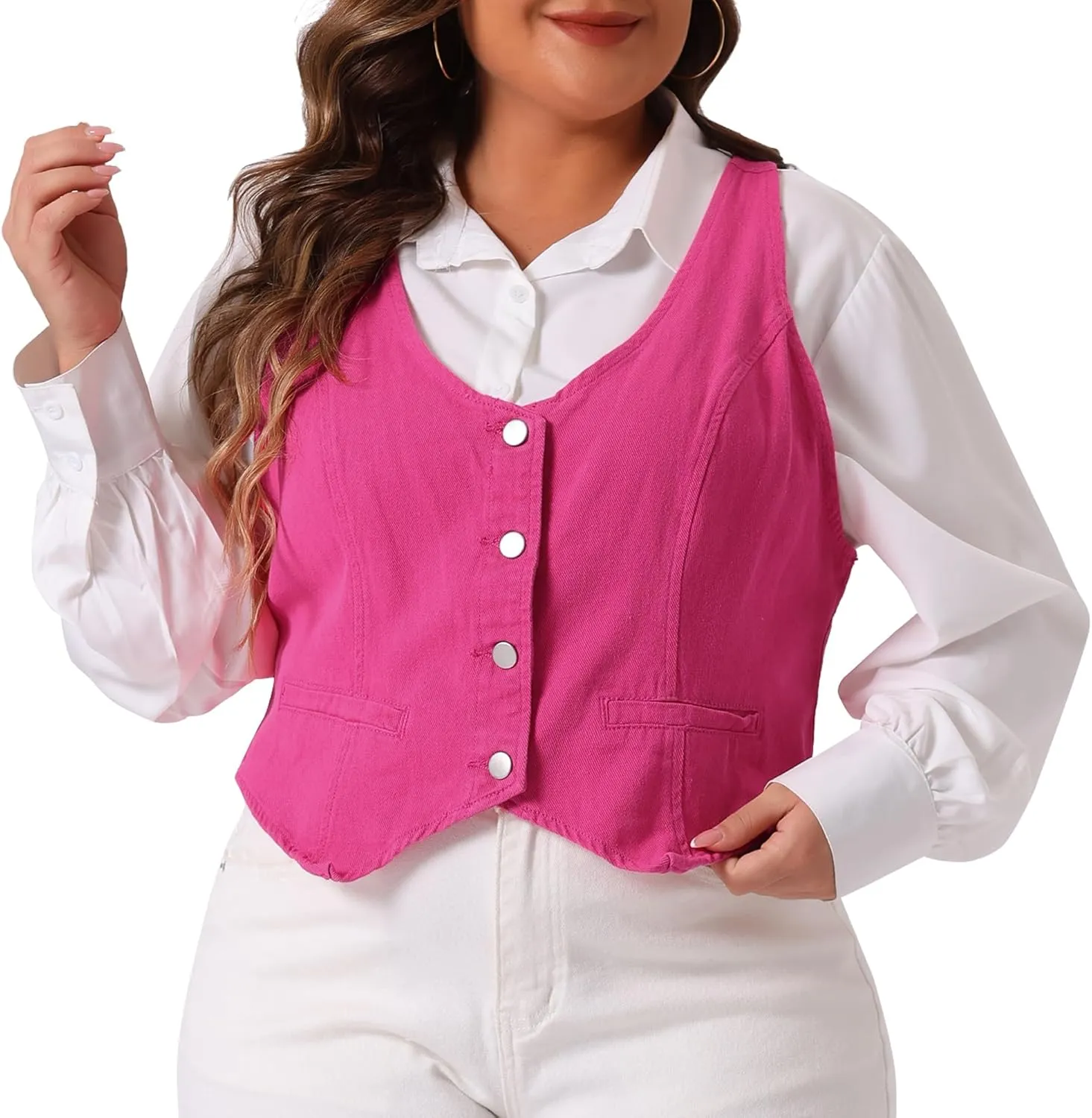 Agnes Orinda Plus Size Denim Vest Top for Women Button Down Waistcoat Casual Sleeveless Jean Jacket Vests