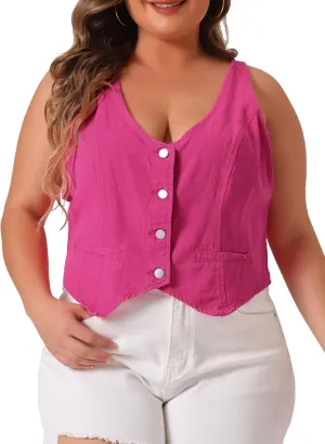 Agnes Orinda Plus Size Denim Vest Top for Women Button Down Waistcoat Casual Sleeveless Jean Jacket Vests