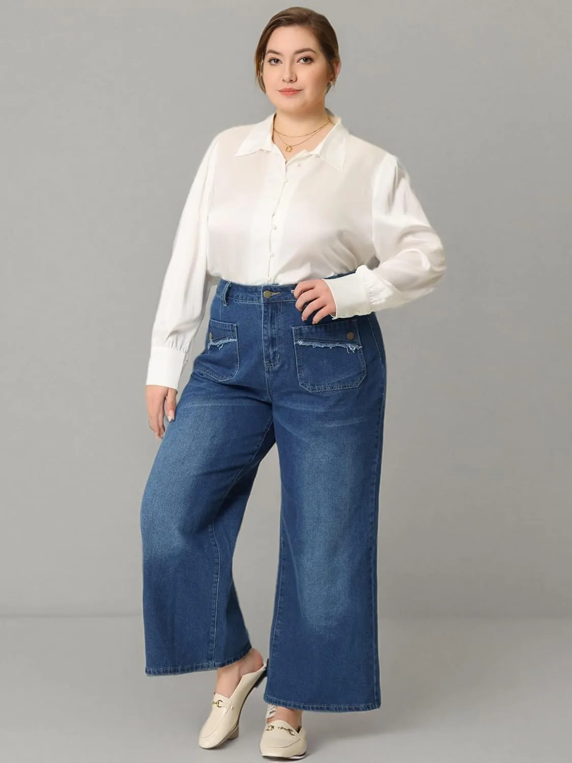 Agnes Orinda Plus Size Jeans for Women Wide Leg Washed Stretch with Pockets Palazzo Denim Jeans
