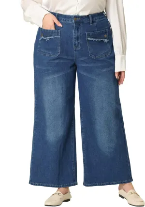 Agnes Orinda Plus Size Jeans for Women Wide Leg Washed Stretch with Pockets Palazzo Denim Jeans