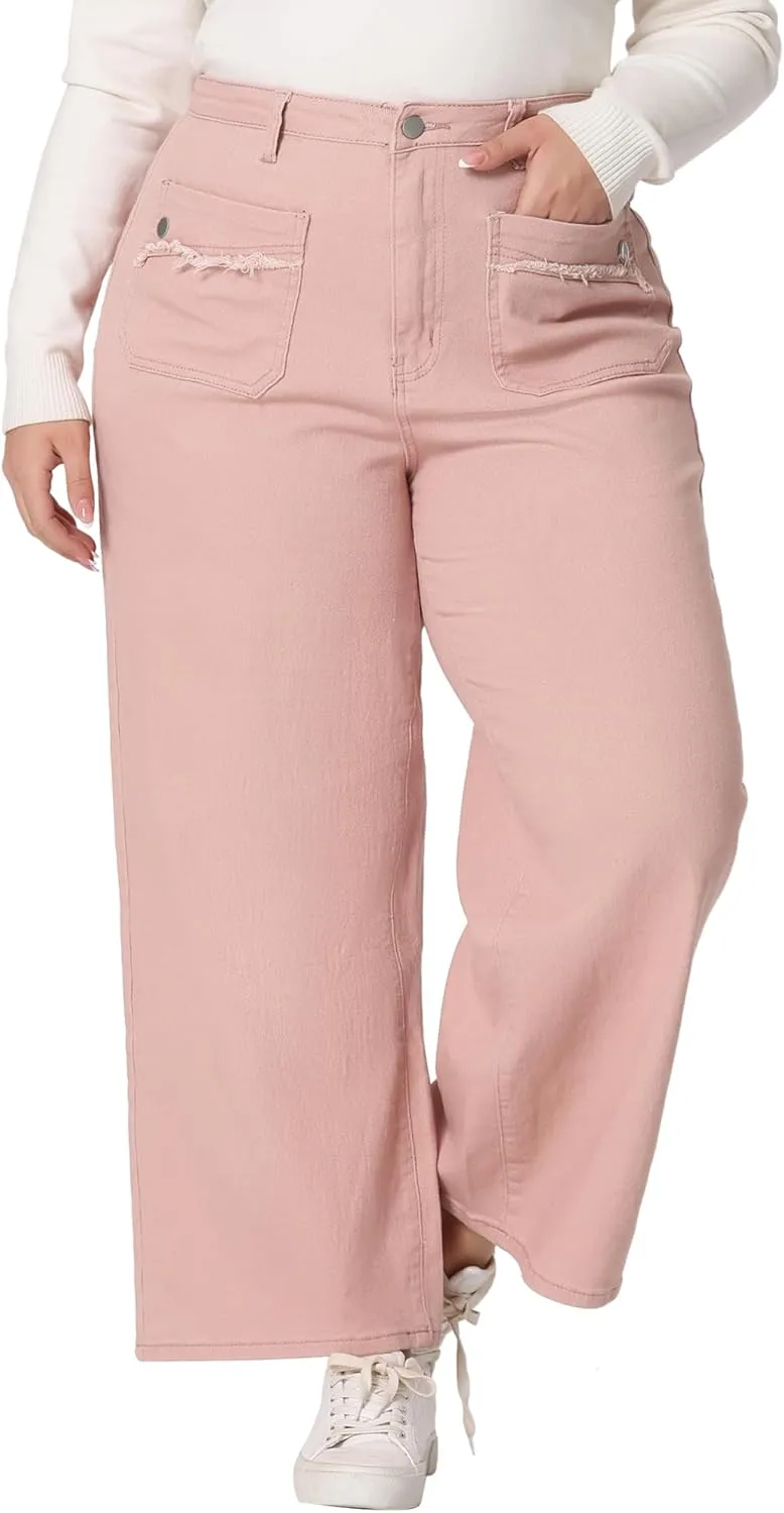 Agnes Orinda Plus Size Jeans for Women Wide Leg Washed Stretch with Pockets Palazzo Denim Jeans