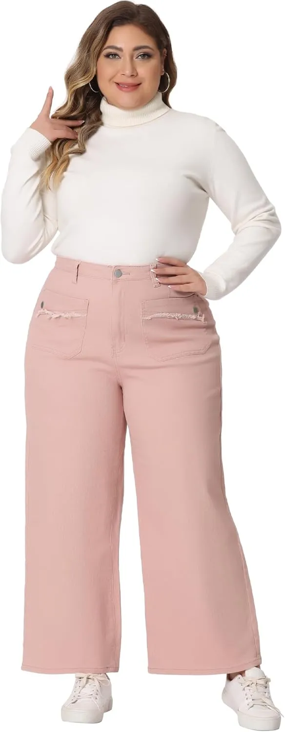 Agnes Orinda Plus Size Jeans for Women Wide Leg Washed Stretch with Pockets Palazzo Denim Jeans