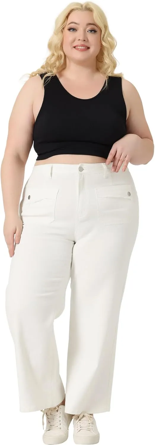 Agnes Orinda Plus Size Jeans for Women Wide Leg Washed Stretch with Pockets Palazzo Denim Jeans