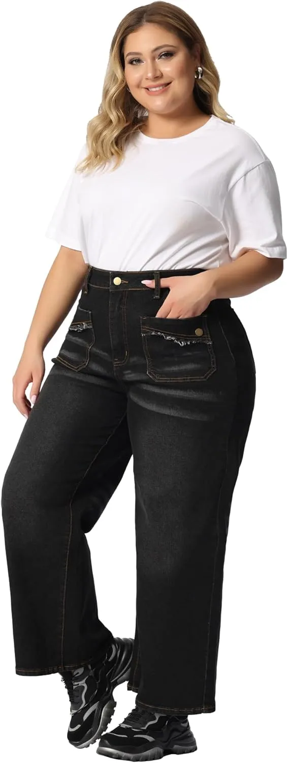 Agnes Orinda Plus Size Jeans for Women Wide Leg Washed Stretch with Pockets Palazzo Denim Jeans