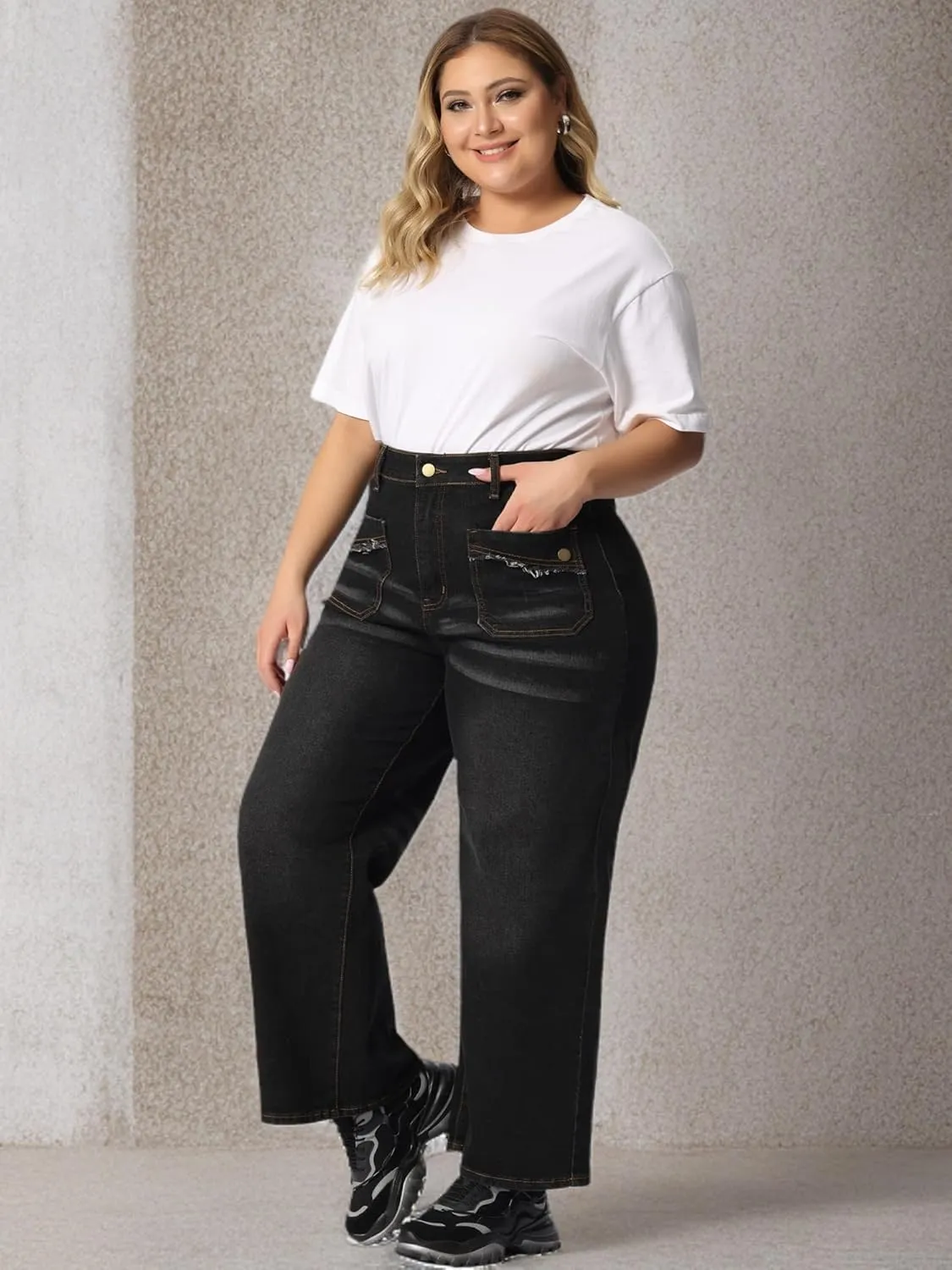 Agnes Orinda Plus Size Jeans for Women Wide Leg Washed Stretch with Pockets Palazzo Denim Jeans