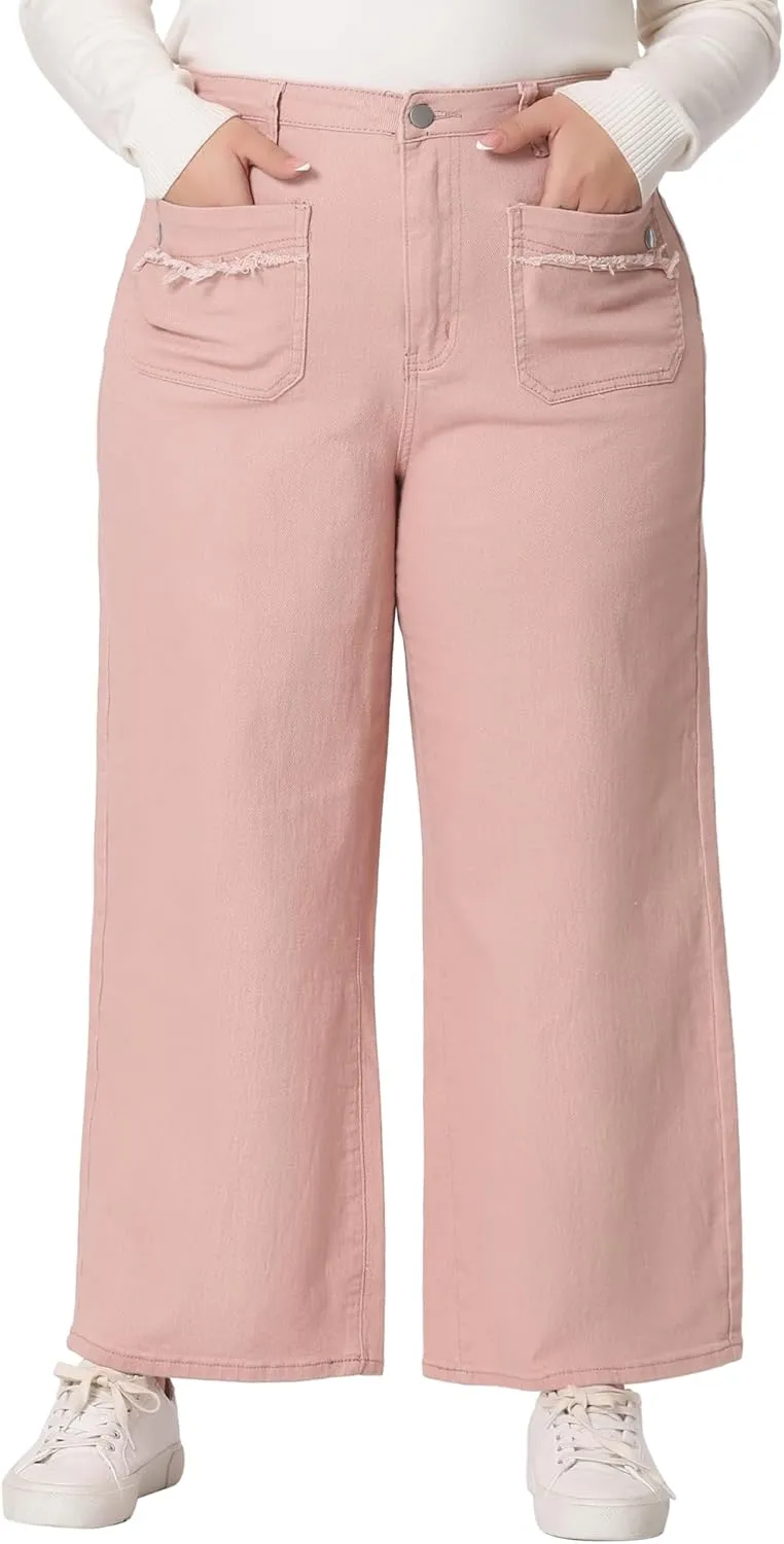 Agnes Orinda Plus Size Jeans for Women Wide Leg Washed Stretch with Pockets Palazzo Denim Jeans