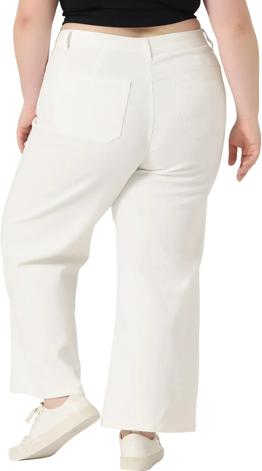 Agnes Orinda Plus Size Jeans for Women Wide Leg Washed Stretch with Pockets Palazzo Denim Jeans