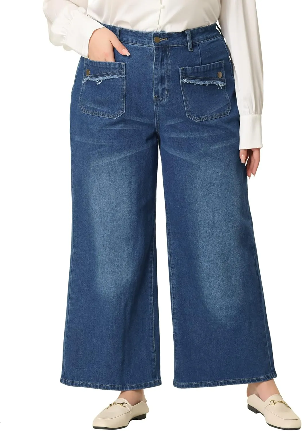 Agnes Orinda Plus Size Jeans for Women Wide Leg Washed Stretch with Pockets Palazzo Denim Jeans