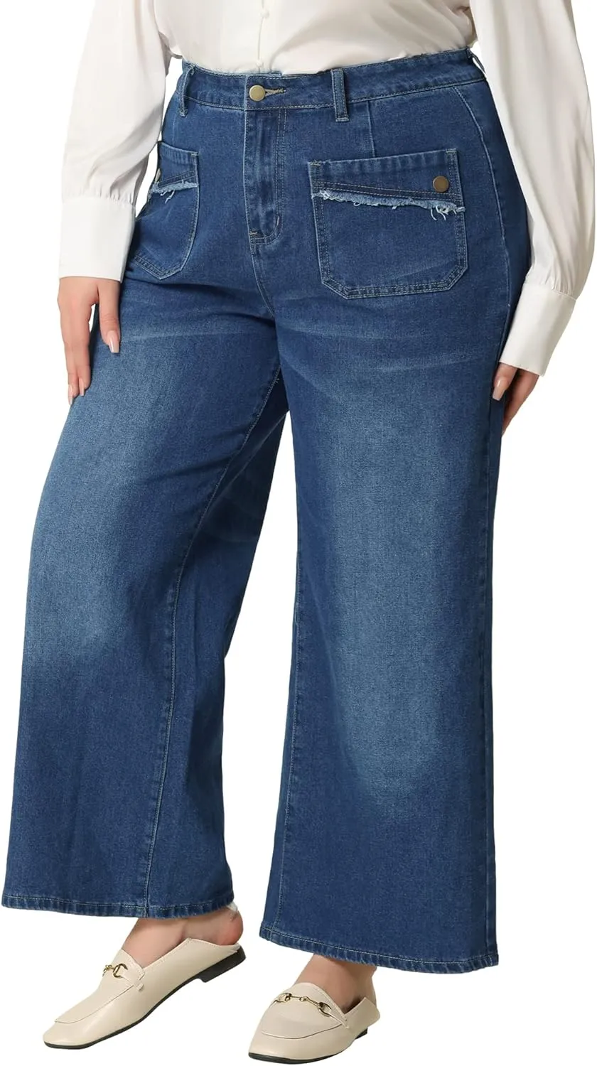 Agnes Orinda Plus Size Jeans for Women Wide Leg Washed Stretch with Pockets Palazzo Denim Jeans