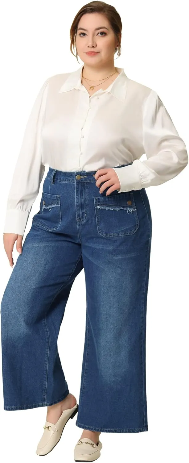 Agnes Orinda Plus Size Jeans for Women Wide Leg Washed Stretch with Pockets Palazzo Denim Jeans