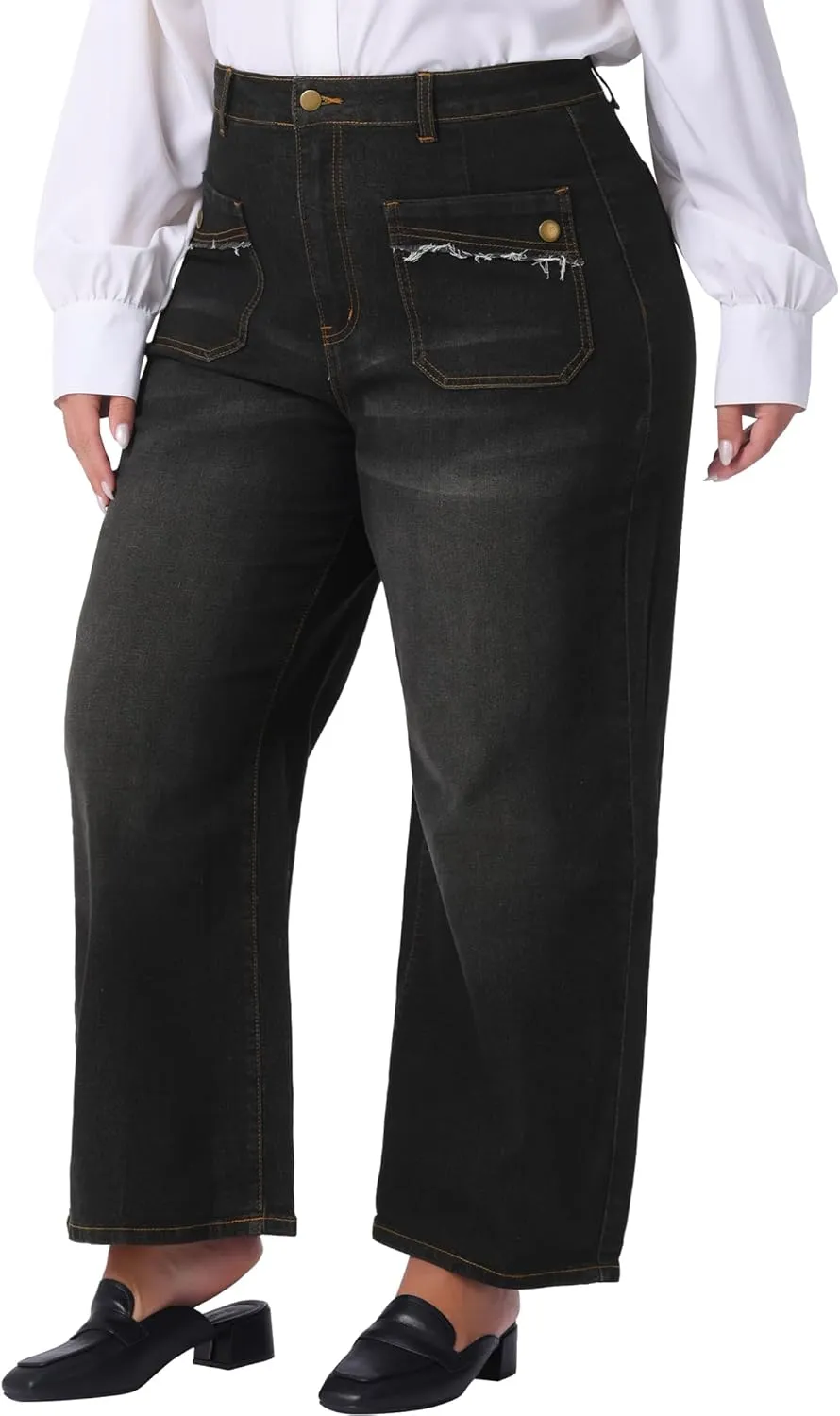 Agnes Orinda Plus Size Jeans for Women Wide Leg Washed Stretch with Pockets Palazzo Denim Jeans