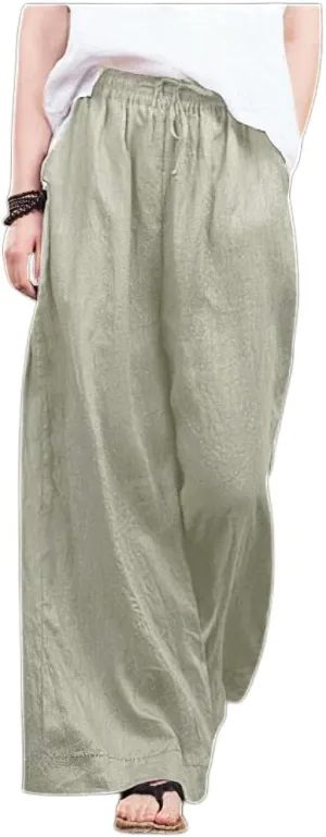 Akivide Womens Cotton Linen Palazzo Pants Drawstring Elastic High Waist Casual Wide Leg Trousers with Pockets