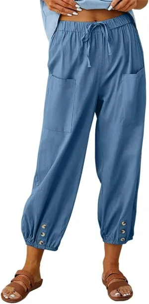 Akivide Women's High Waist Drawstring Cotton Linen Pants with 2 Pockets Straight Wide Leg Capri Cropped Trouser for Women