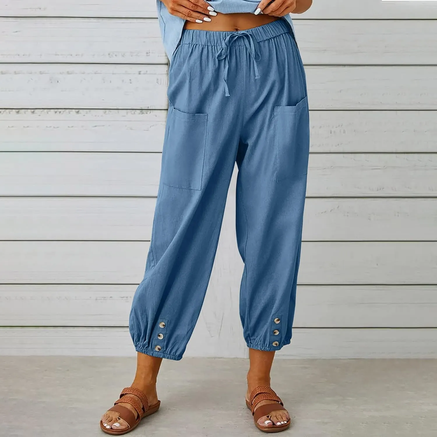 Akivide Women's High Waist Drawstring Cotton Linen Pants with 2 Pockets Straight Wide Leg Capri Cropped Trouser for Women