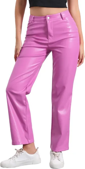 Allegra K Faux Leather Pants for Women's High Waist Straight Leg Punk PU Trousers