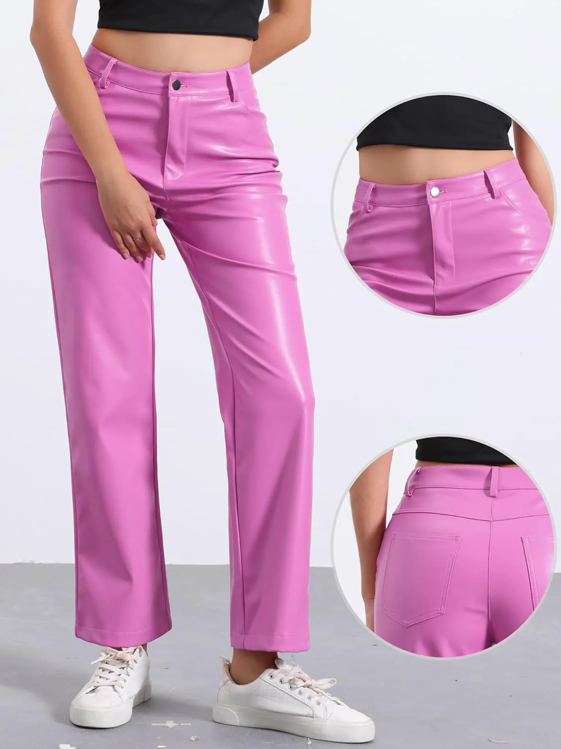 Allegra K Faux Leather Pants for Women's High Waist Straight Leg Punk PU Trousers