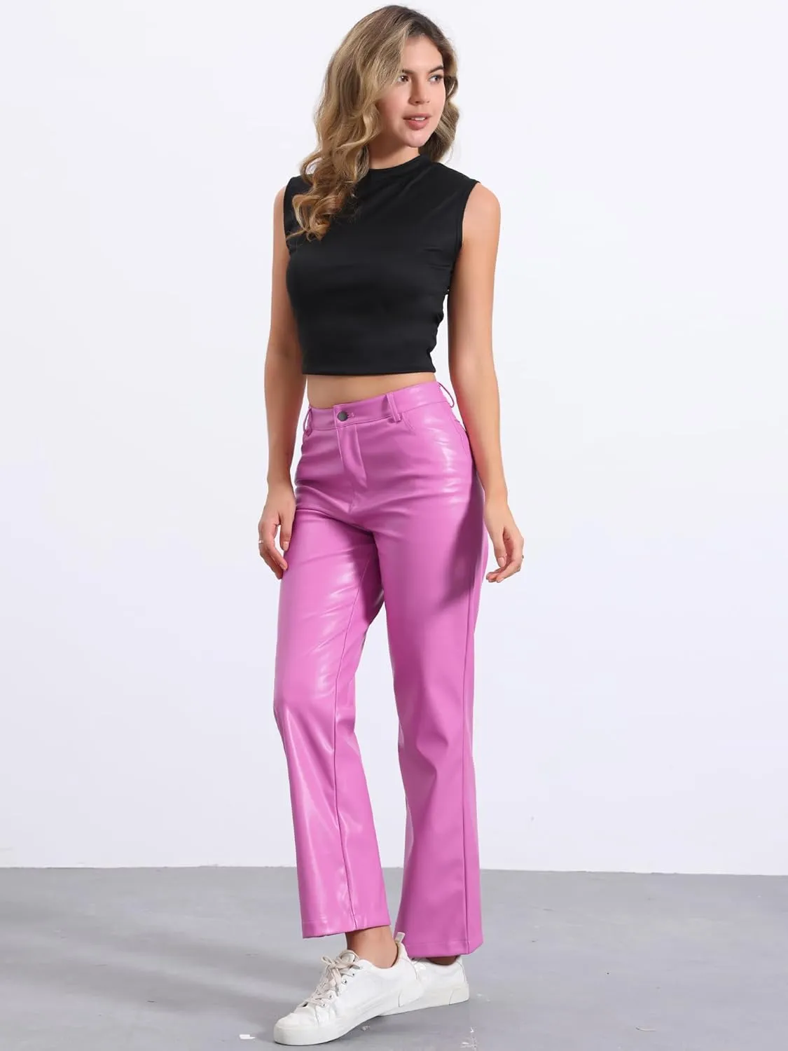 Allegra K Faux Leather Pants for Women's High Waist Straight Leg Punk PU Trousers