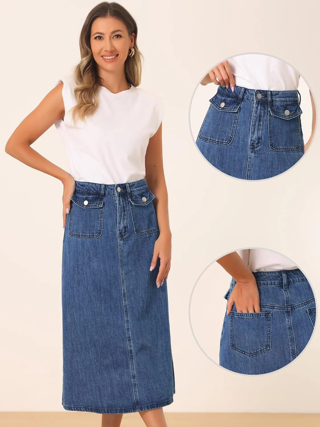 Allegra K Long Jean Skirts for Women's High Waisted Flap Pocket A-Line Vintage Denim Maxi Skirt