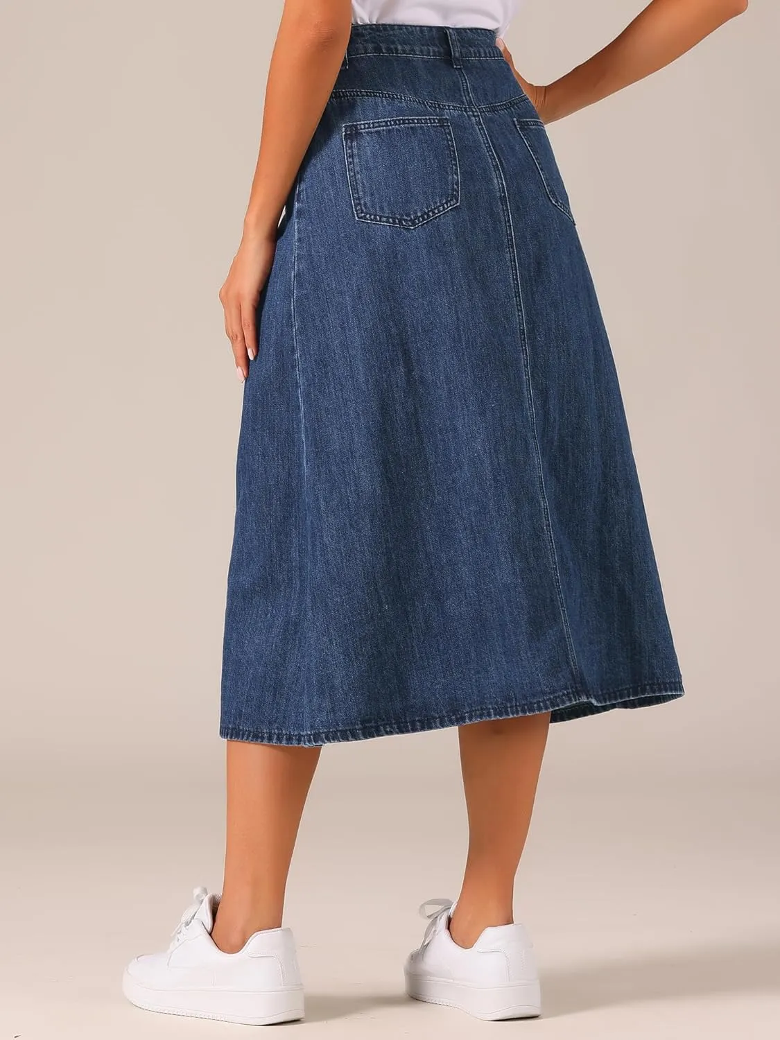 Allegra K Long Jean Skirts for Women's High Waisted Flap Pocket A-Line Vintage Denim Maxi Skirt