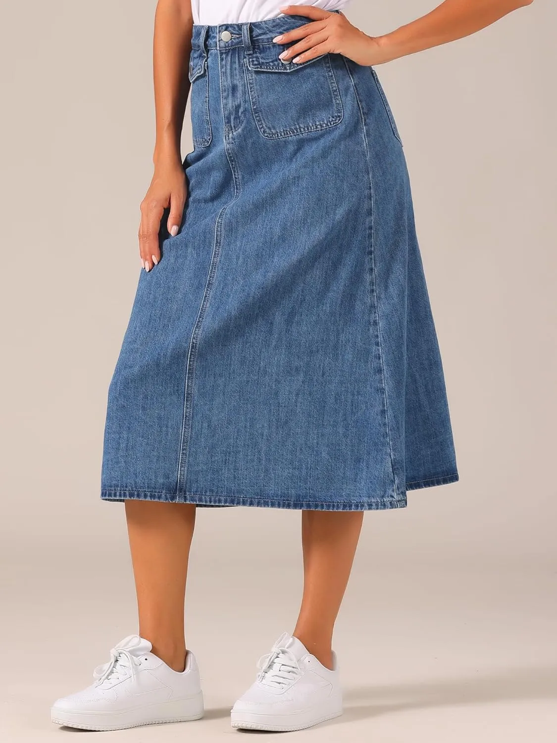 Allegra K Long Jean Skirts for Women's High Waisted Flap Pocket A-Line Vintage Denim Maxi Skirt