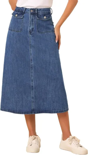 Allegra K Long Jean Skirts for Women's High Waisted Flap Pocket A-Line Vintage Denim Maxi Skirt