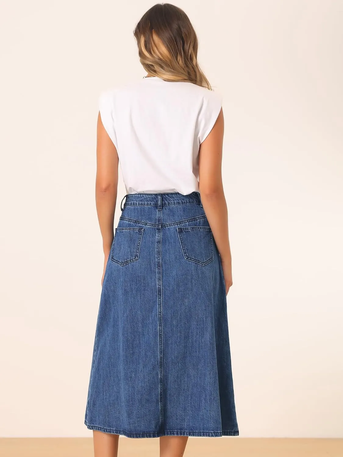 Allegra K Long Jean Skirts for Women's High Waisted Flap Pocket A-Line Vintage Denim Maxi Skirt