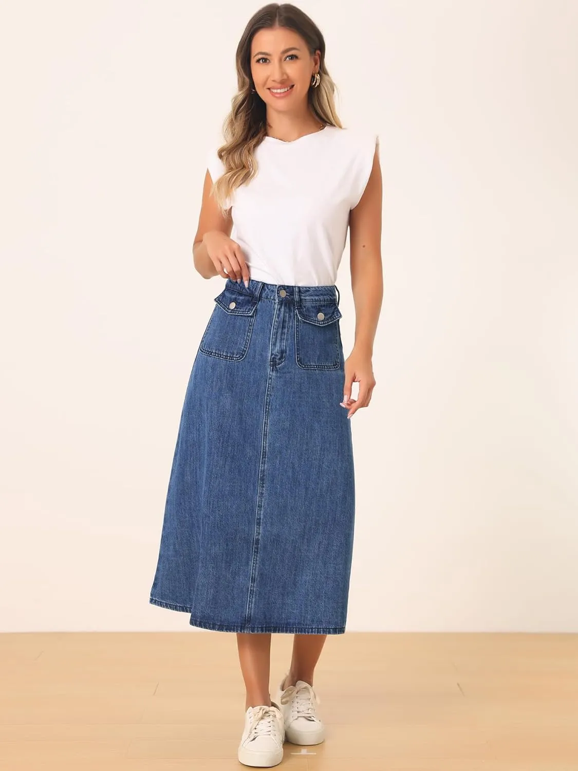 Allegra K Long Jean Skirts for Women's High Waisted Flap Pocket A-Line Vintage Denim Maxi Skirt