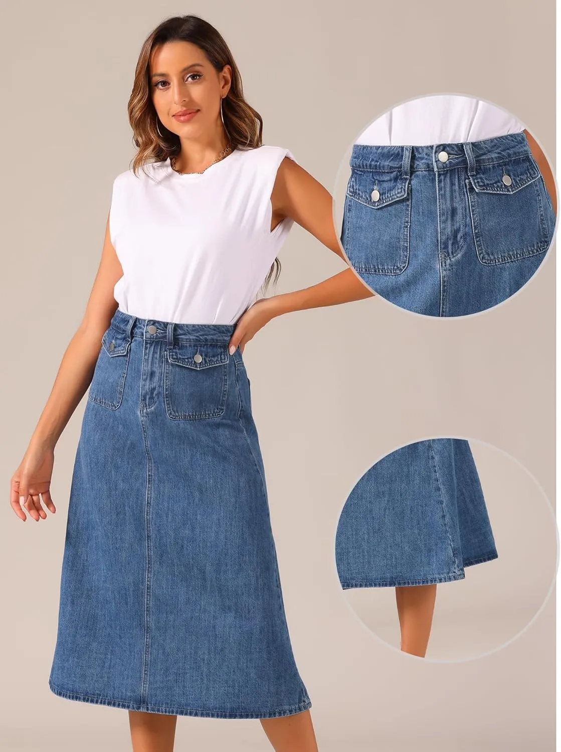 Allegra K Long Jean Skirts for Women's High Waisted Flap Pocket A-Line Vintage Denim Maxi Skirt