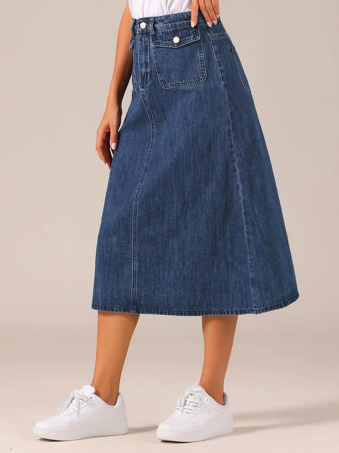 Allegra K Long Jean Skirts for Women's High Waisted Flap Pocket A-Line Vintage Denim Maxi Skirt
