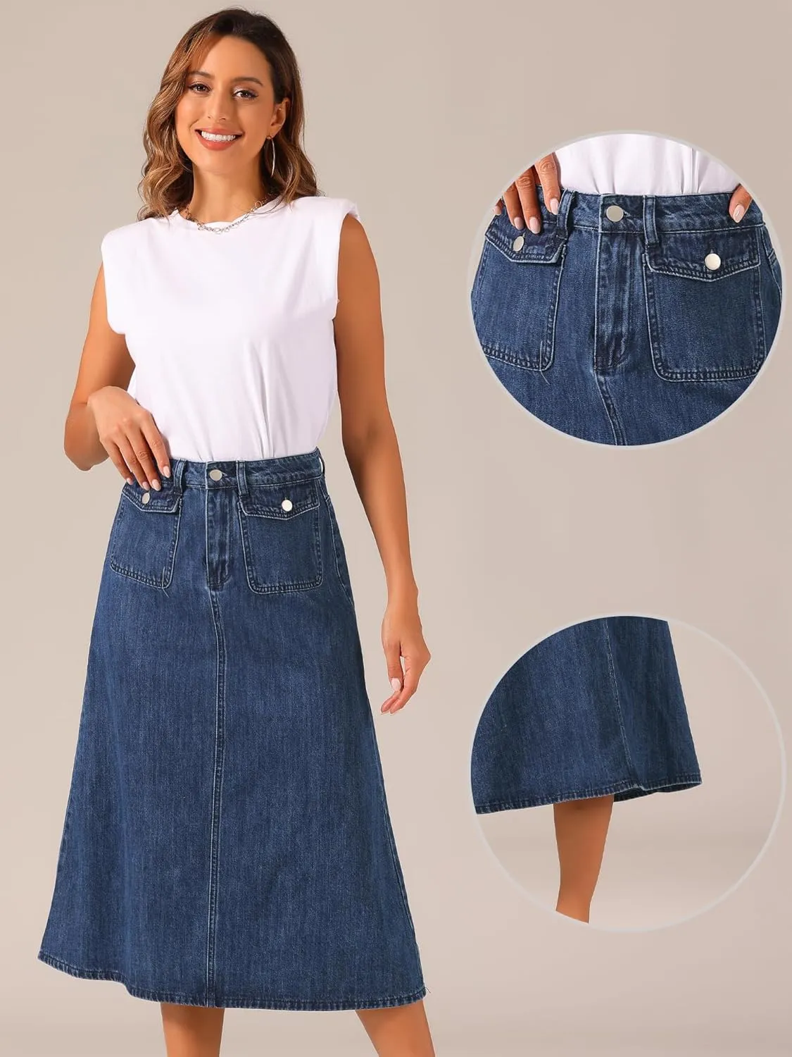 Allegra K Long Jean Skirts for Women's High Waisted Flap Pocket A-Line Vintage Denim Maxi Skirt