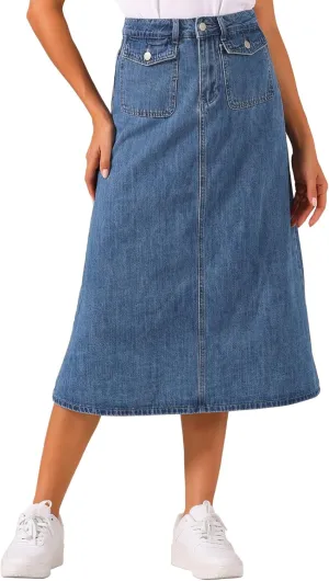 Allegra K Long Jean Skirts for Women's High Waisted Flap Pocket A-Line Vintage Denim Maxi Skirt