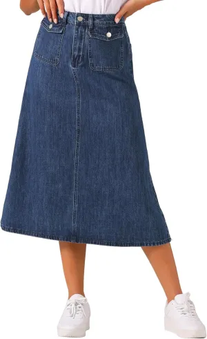 Allegra K Long Jean Skirts for Women's High Waisted Flap Pocket A-Line Vintage Denim Maxi Skirt
