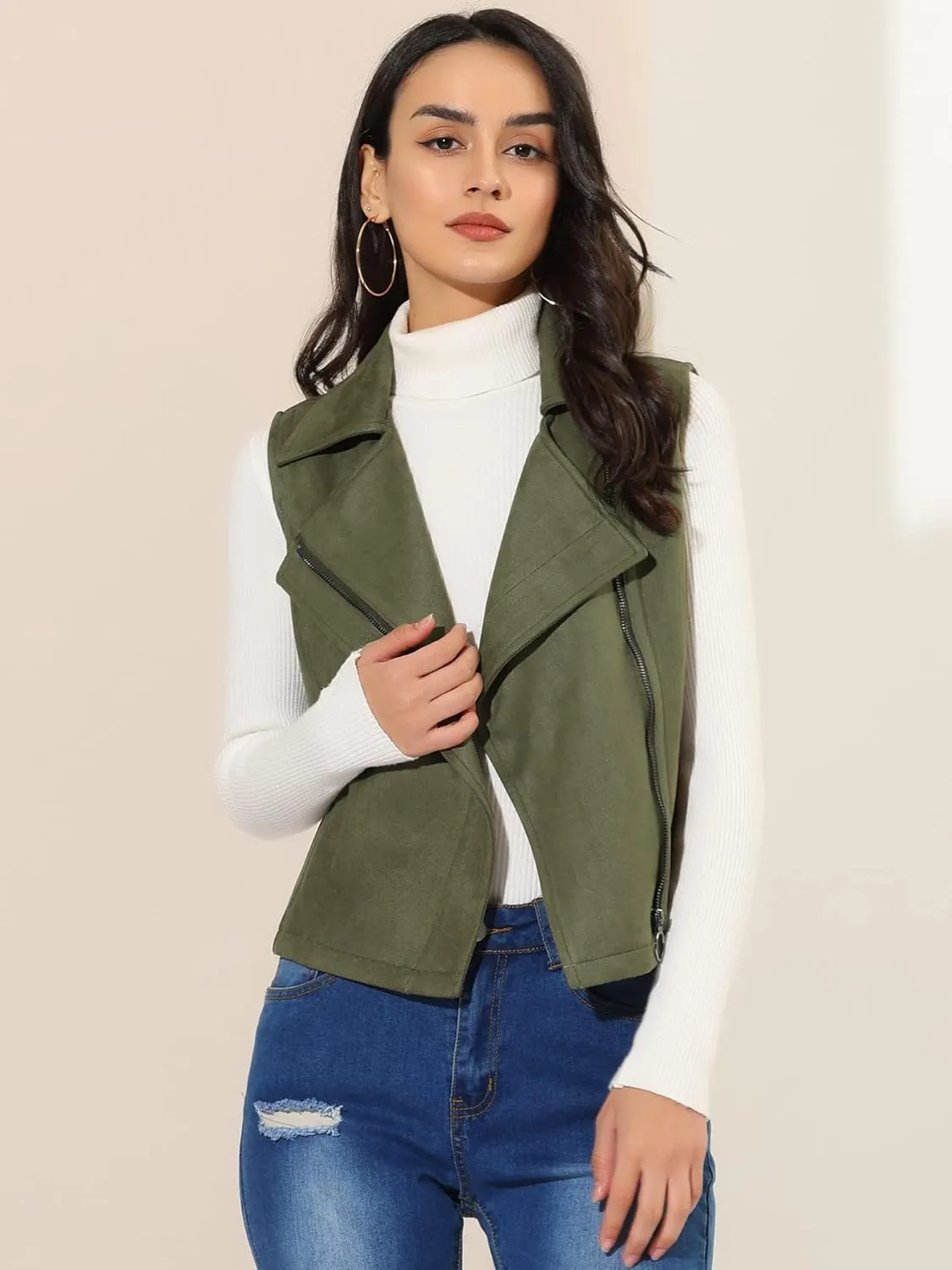 Allegra K Women's Faux Suede Vest Casual Sleeveless Biker Jacket