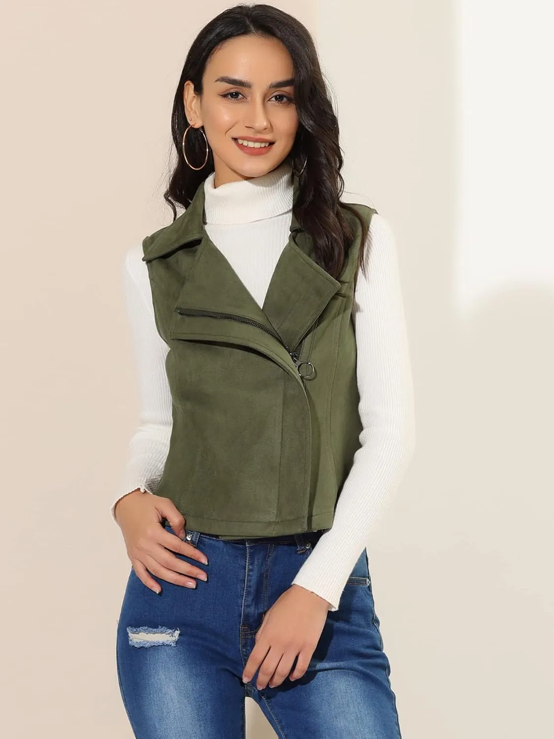 Allegra K Women's Faux Suede Vest Casual Sleeveless Biker Jacket