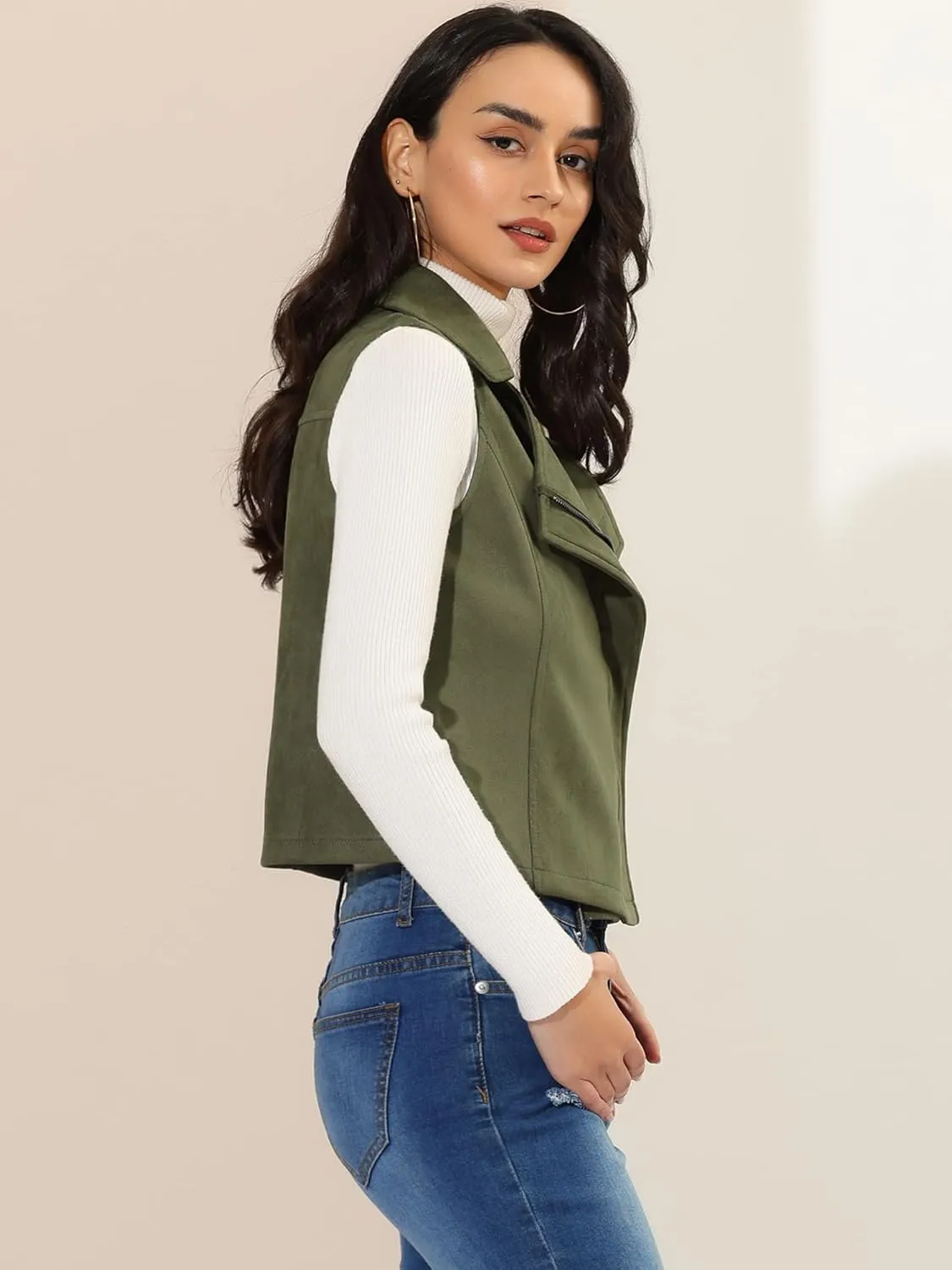 Allegra K Women's Faux Suede Vest Casual Sleeveless Biker Jacket