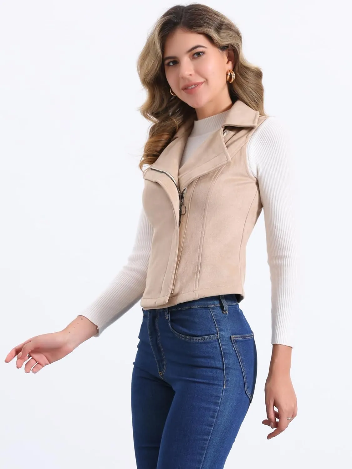 Allegra K Women's Faux Suede Vest Casual Sleeveless Biker Jacket